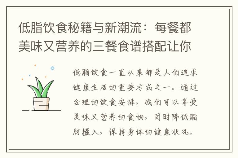 低脂飲食秘籍與新潮流：每餐都美味又營養的三餐食譜搭配讓你瘦下來